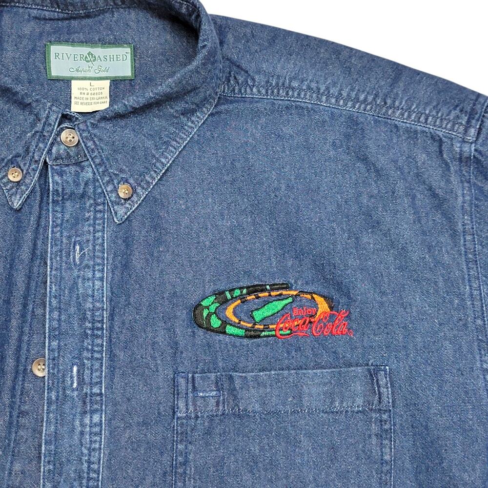 Vintage 90s Coca Cola Racing Denim Shirt Mens L Embroidered Long Sleeve Button